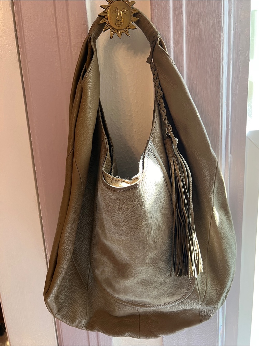 HOBO Olive Green Tan Leather Hobo with Haircalf Front and Tassel tan